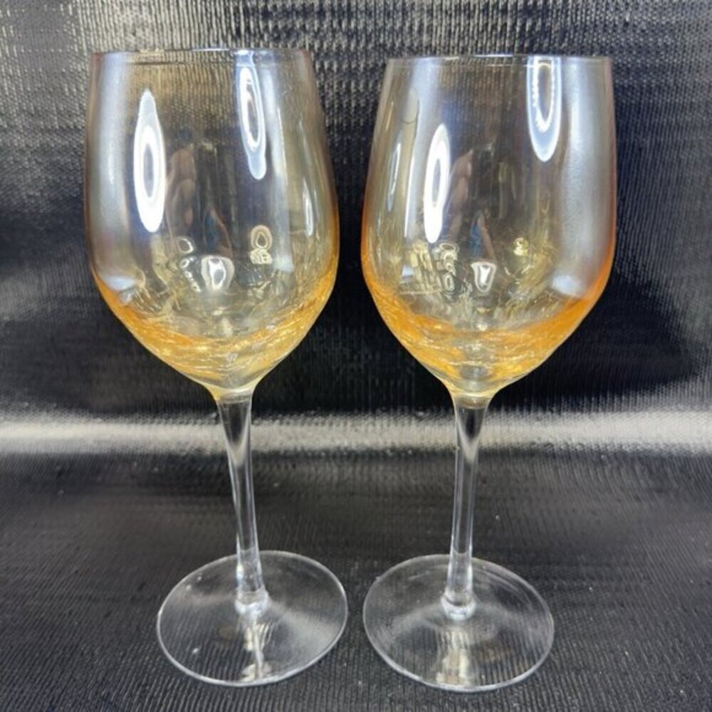 Pier 1 Crackle Glass Goblet Glasses Cups Stemware Gold Yellows Luster Finish VTG - Picture 5 of 13